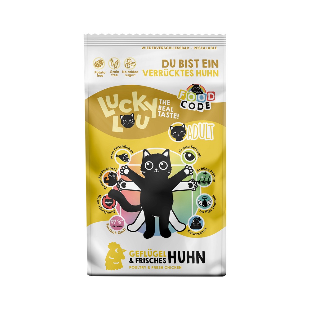 Granuly - LUCKY LOU Food Code pre mačky Adult – Hydina a Kura - 340g