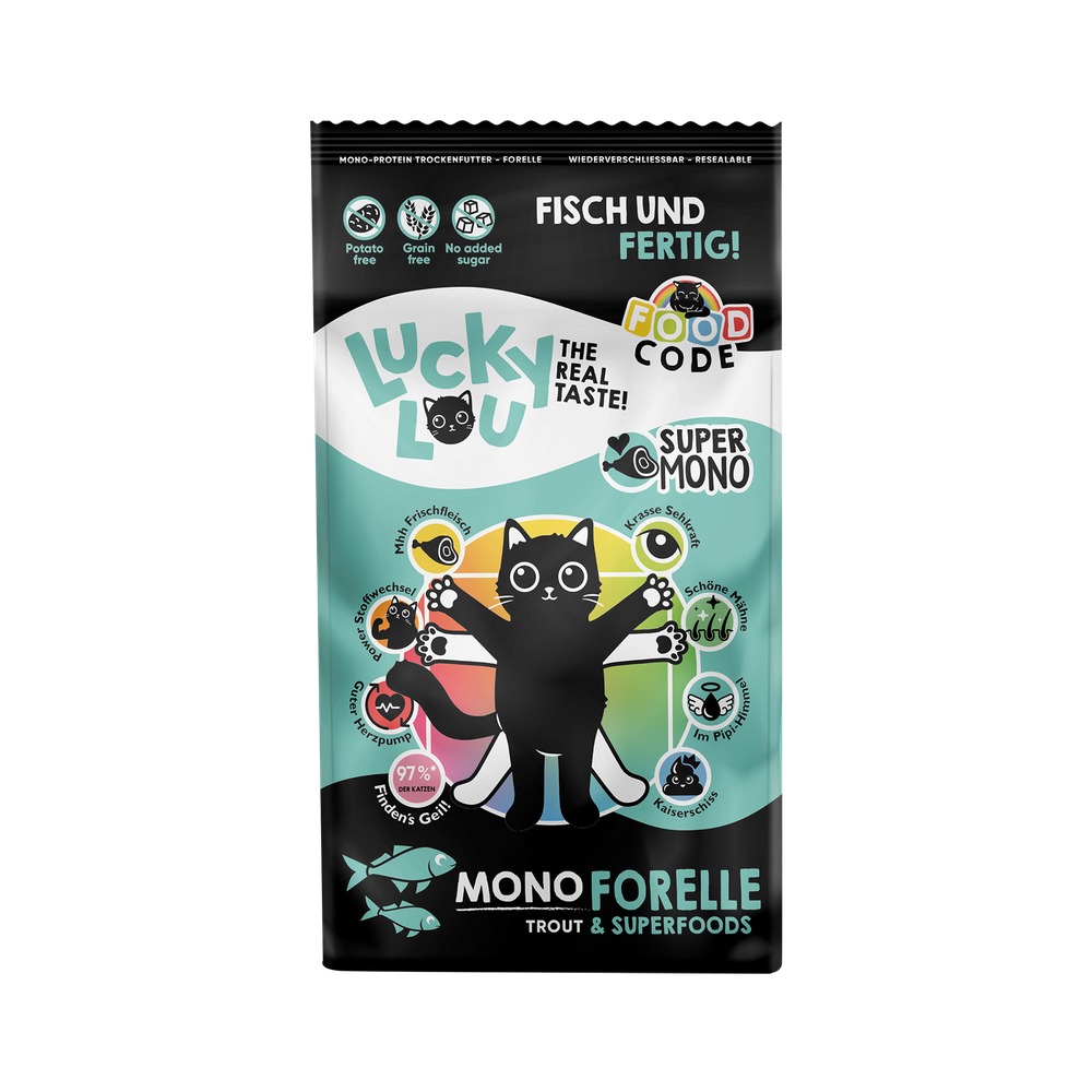 Granuly - LUCKY LOU Food Code pre mačky Adult MONO – Pstruh - 340g