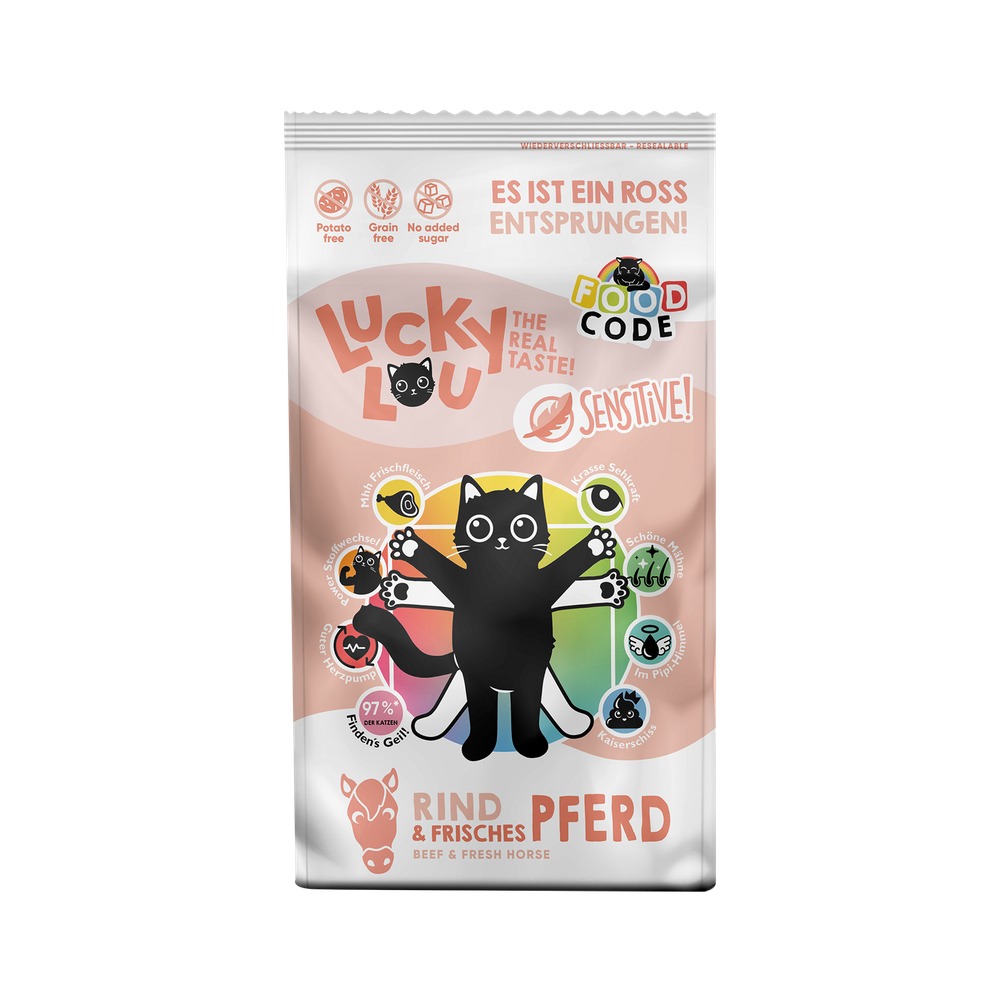 Granuly - LUCKY LOU Food Code pre mačky Adult SENSITIVE – Hovädzie a Kôň - 750g