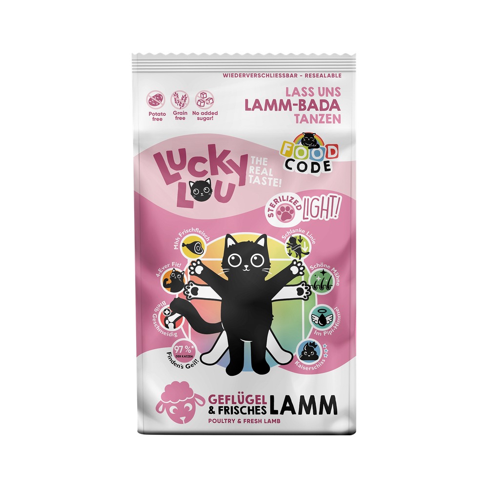 Granuly - LUCKY LOU Food Code pre mačky Adult STERILIZED – Hydina a Jahňa - 750g