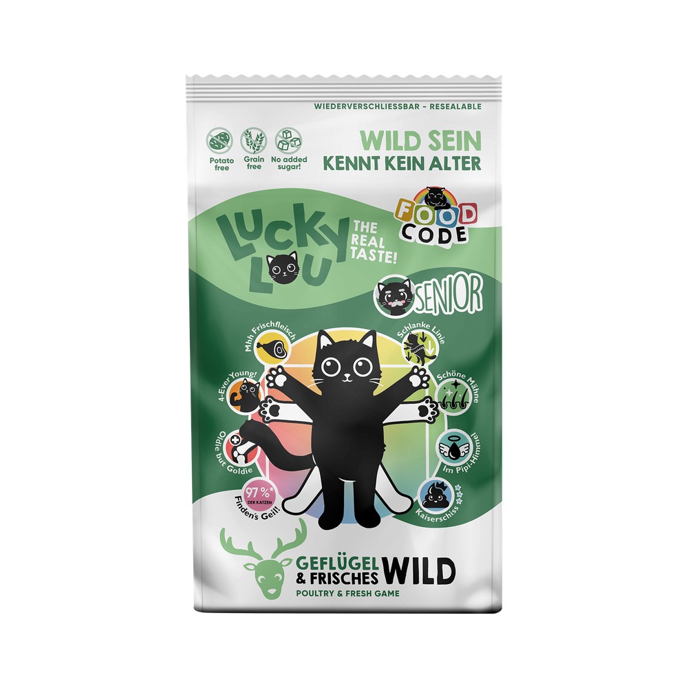 Granuly - LUCKY LOU Food Code pre mačky Senior – Hydina a Zverina - 1.7kg