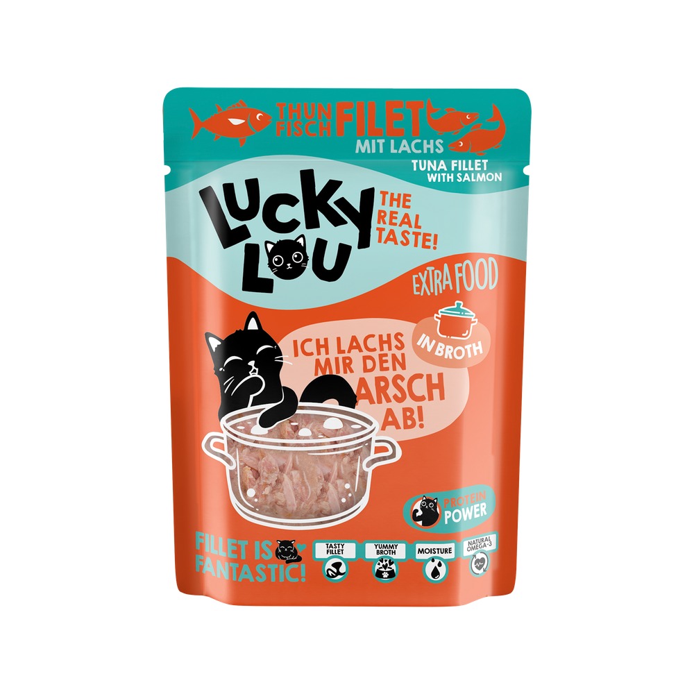 LUCKY LOU Extrafood pre Mačky Adult – Filet z tuniaka s lososom vo vývare 12 x 70g