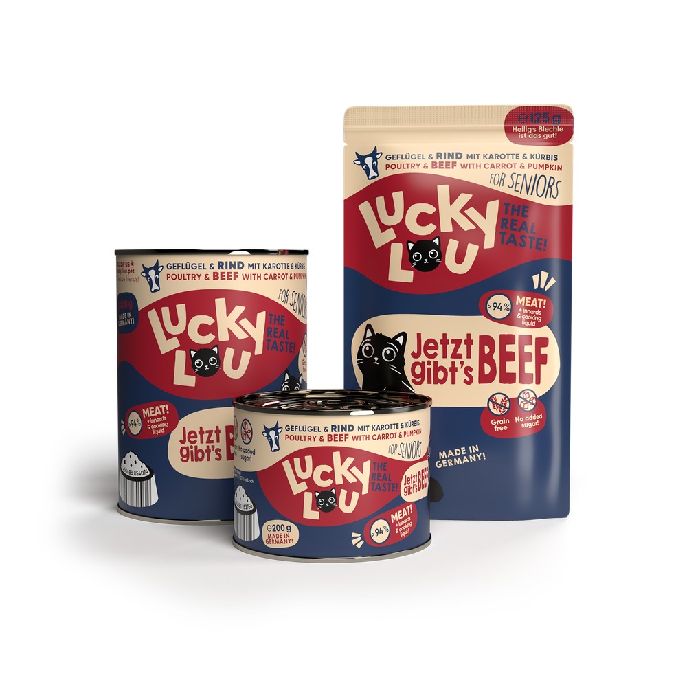 LUCKY LOU Lifestage pre Mačky Senior – Hydina a Hovädzie 125g