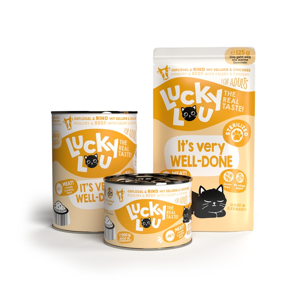 LUCKY LOU Lifestage pre Mačky Sterilized – Hydina a Hovädzie 4 x 125g
